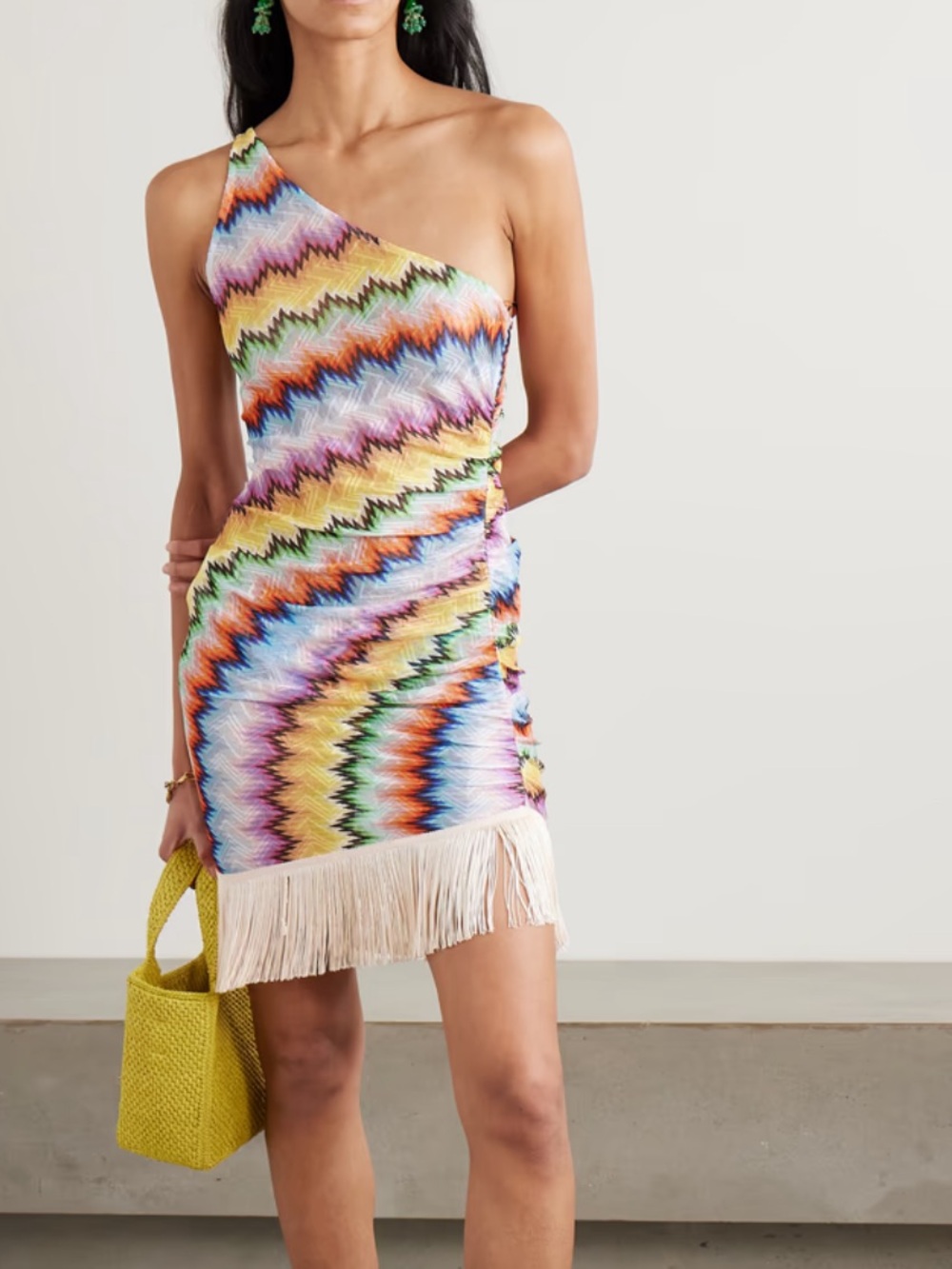Missoni One-shoulder fringed printed tulle mini dress